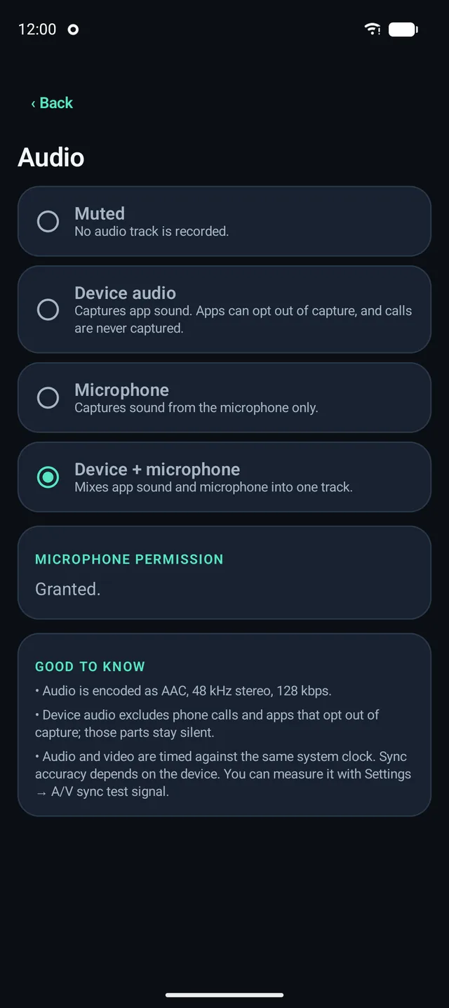 Audio settings with Muted, Device audio, Microphone and Device plus microphone options and the microphone permission state