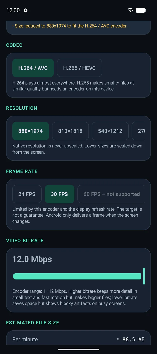 CaptureRec custom settings: codec, resolution and frame rate options, with unsupported values disabled