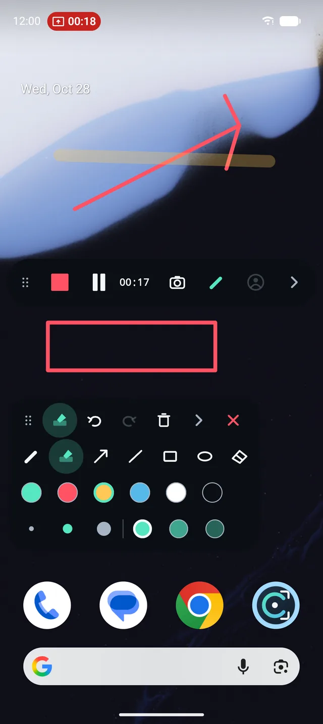 CaptureRec drawing tools open over the screen, with an arrow, a rectangle and a highlighter stroke drawn during a recording