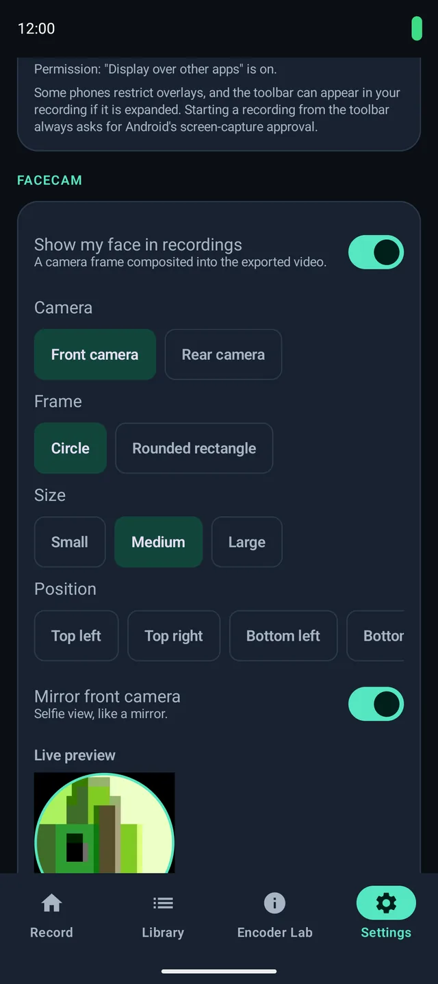 Facecam settings: camera, frame, size, position, mirror and a live preview