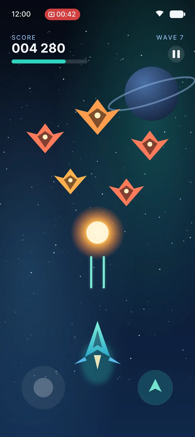 An original, illustrative space-shooter game scene on an Android phone, with Android's red screen-capture indicator in the status bar