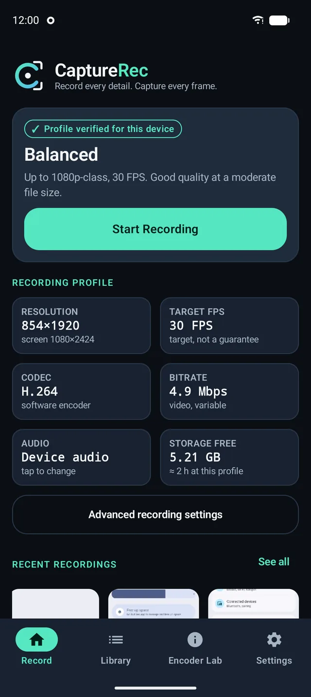 CaptureRec home screen showing the selected Balanced profile, a Start Recording button, and resolution, frame rate, codec, bitrate, audio and storage tiles