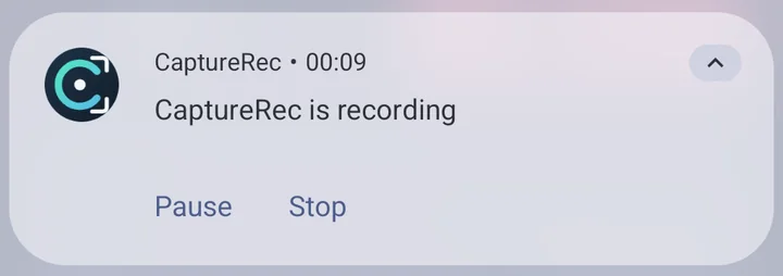 CaptureRec's recording notification showing a live timer with Pause and Stop actions