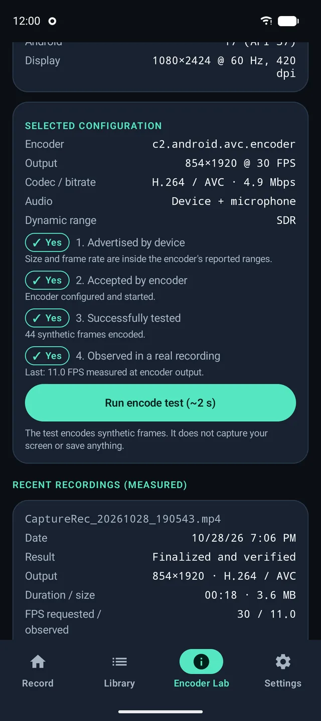 Encoder Lab showing the selected configuration and the four verification levels: advertised, accepted, tested and observed