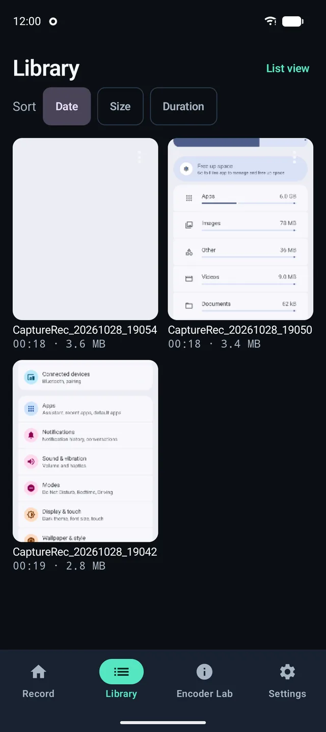 Recording library showing recordings with thumbnails, duration and file size