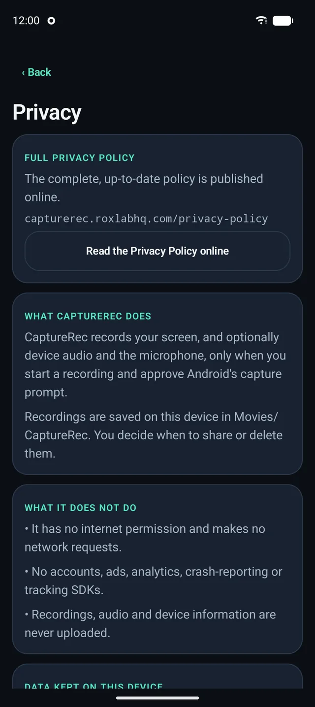 The in-app privacy screen describing what CaptureRec does and does not do