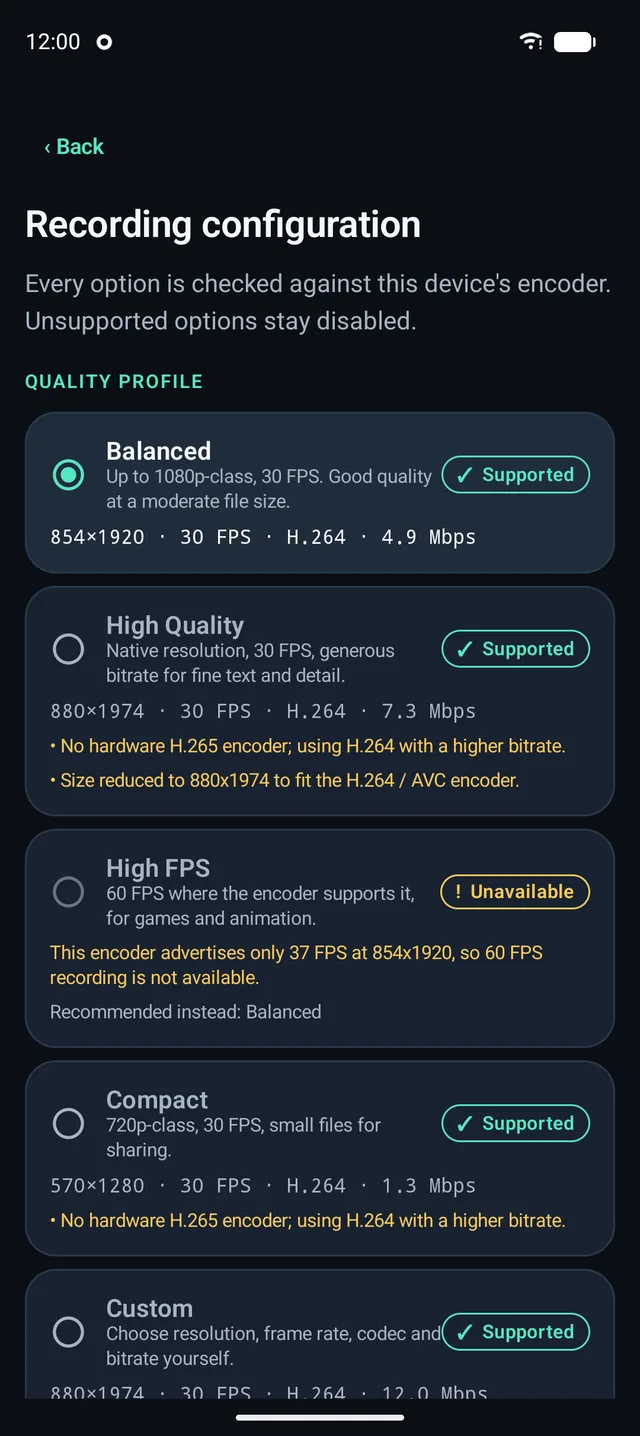 Quality profiles: Balanced, High Quality, High FPS and Compact, each marked Supported or Unavailable for this device