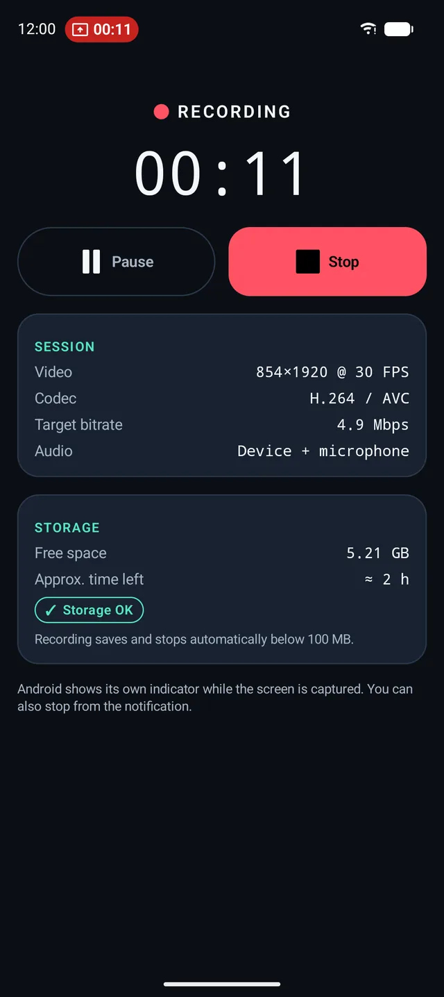 Active recording screen with a recording indicator, elapsed time, Pause and Stop buttons, session details and a storage panel