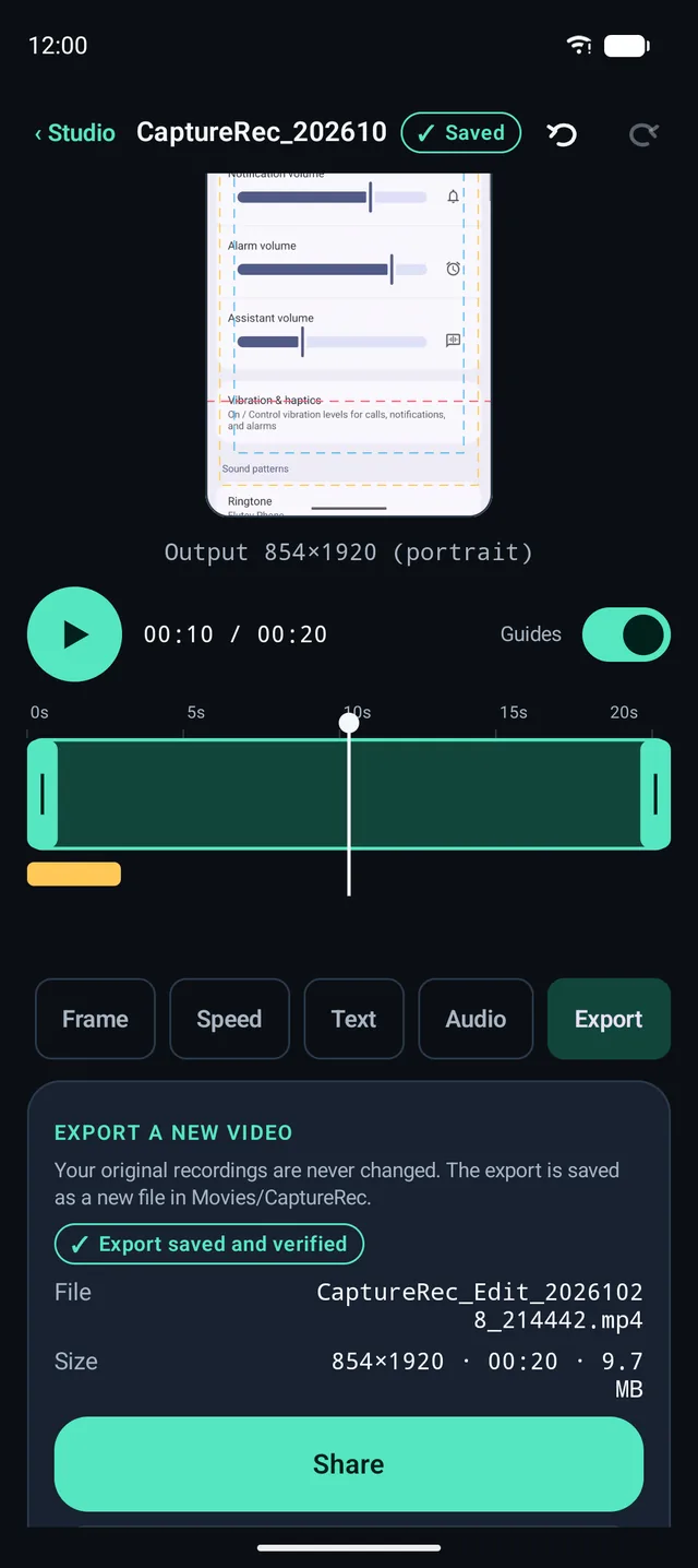 The Export tab after an export finished: saved and verified, with file name, size and duration