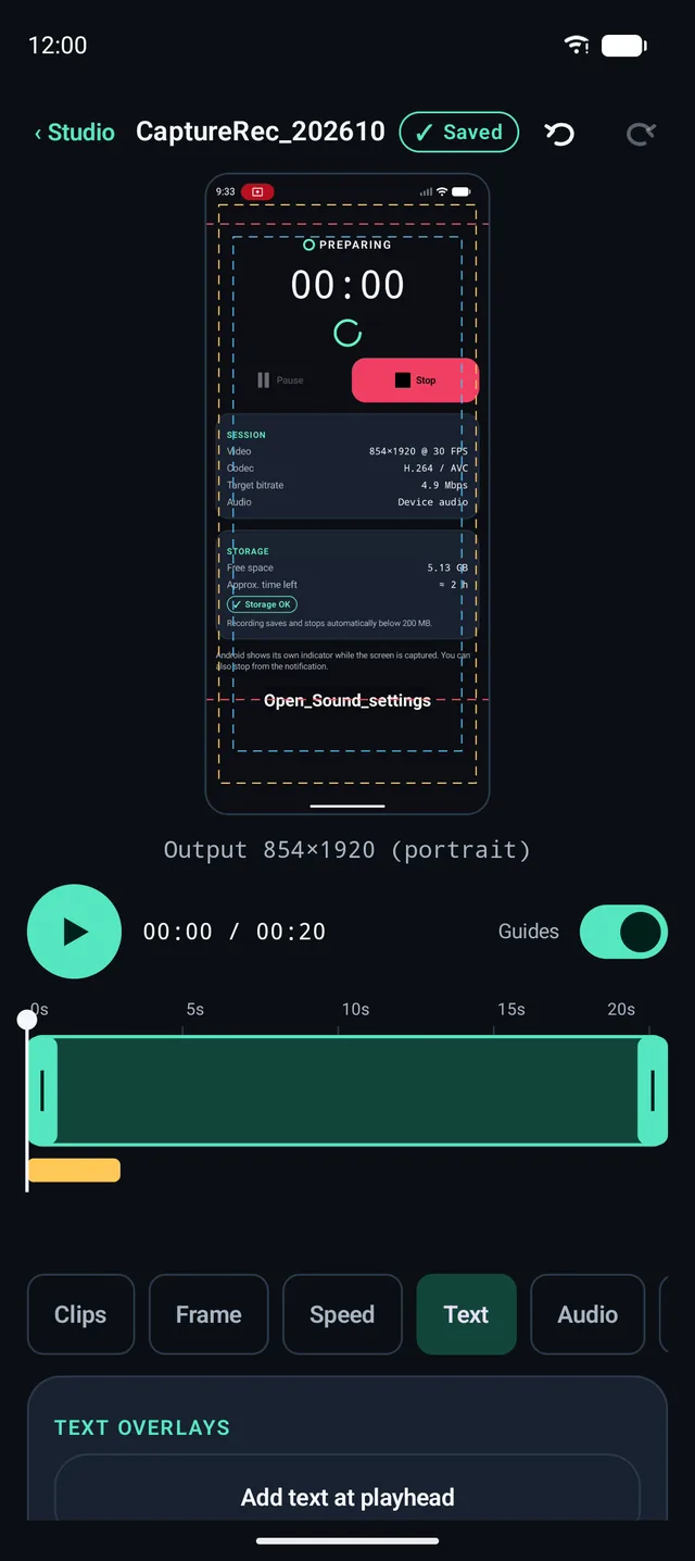 Video Studio editor with a live preview, a timeline with trim handles and a playhead, and a text overlay shown as an amber bar