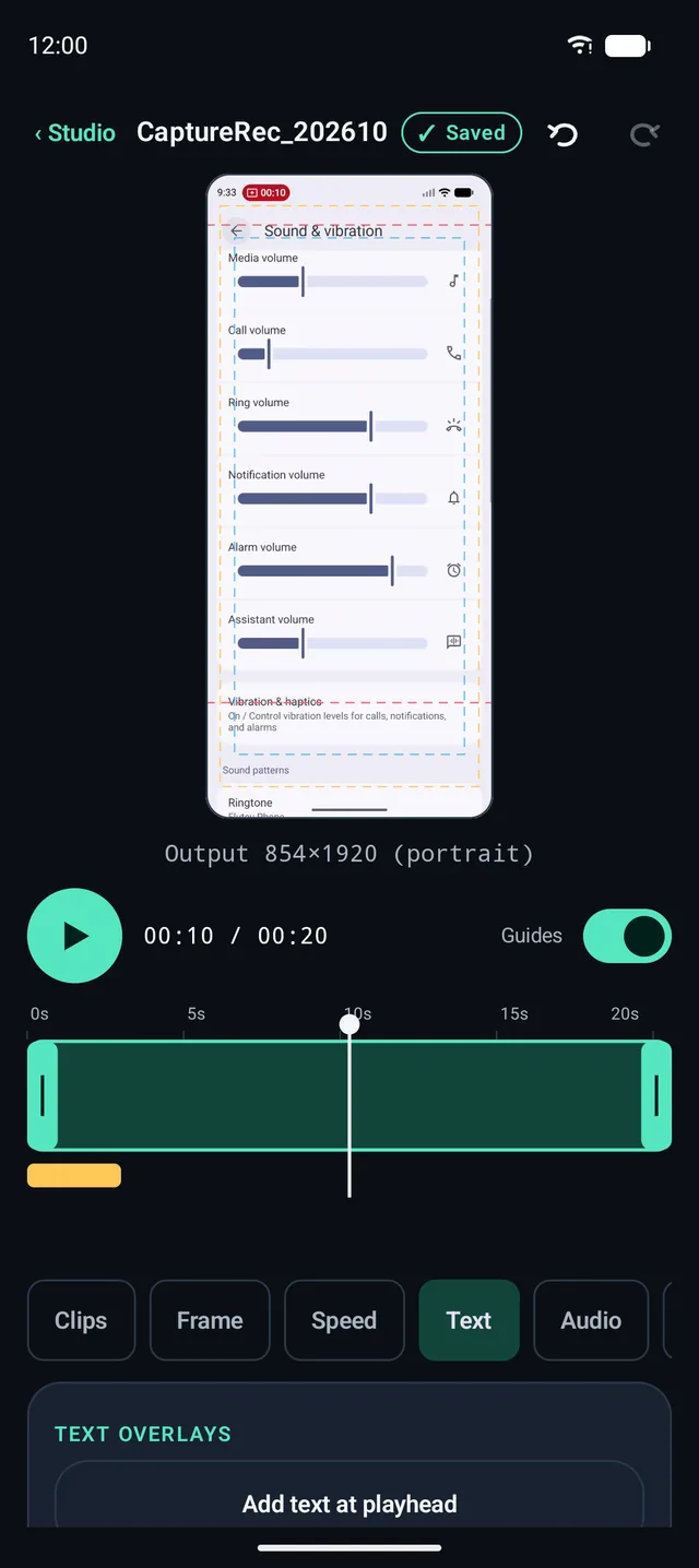 The Text tab editing an on-video title, with size, colour, position and start and end time