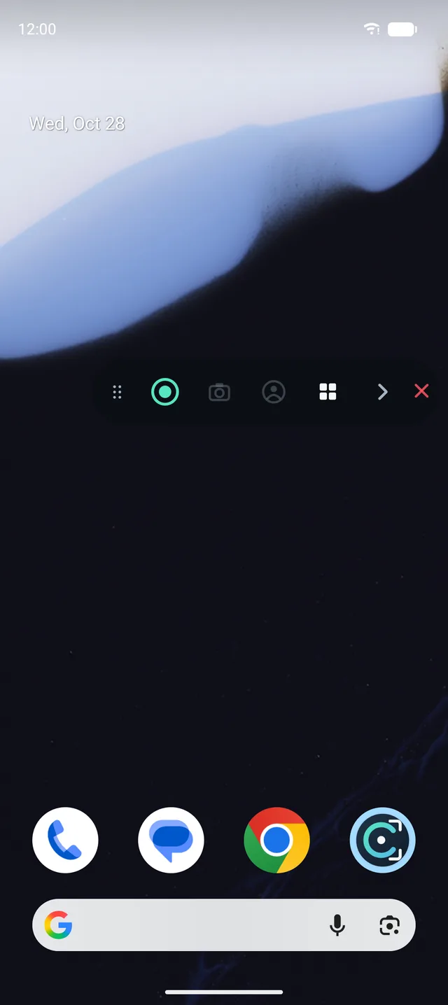 The expanded floating toolbar with record, screenshot, Facecam, open-app and close buttons