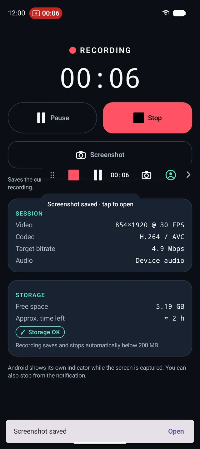 The toolbar showing a Screenshot saved confirmation during a recording